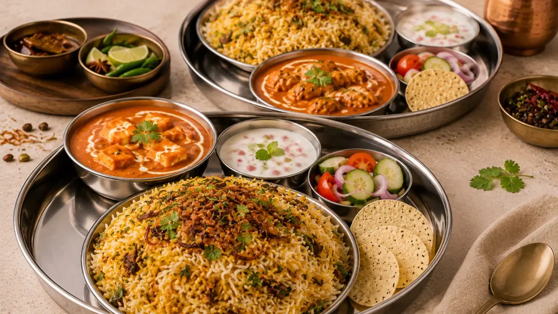 Biryani thali with paneer curry, raita and papad