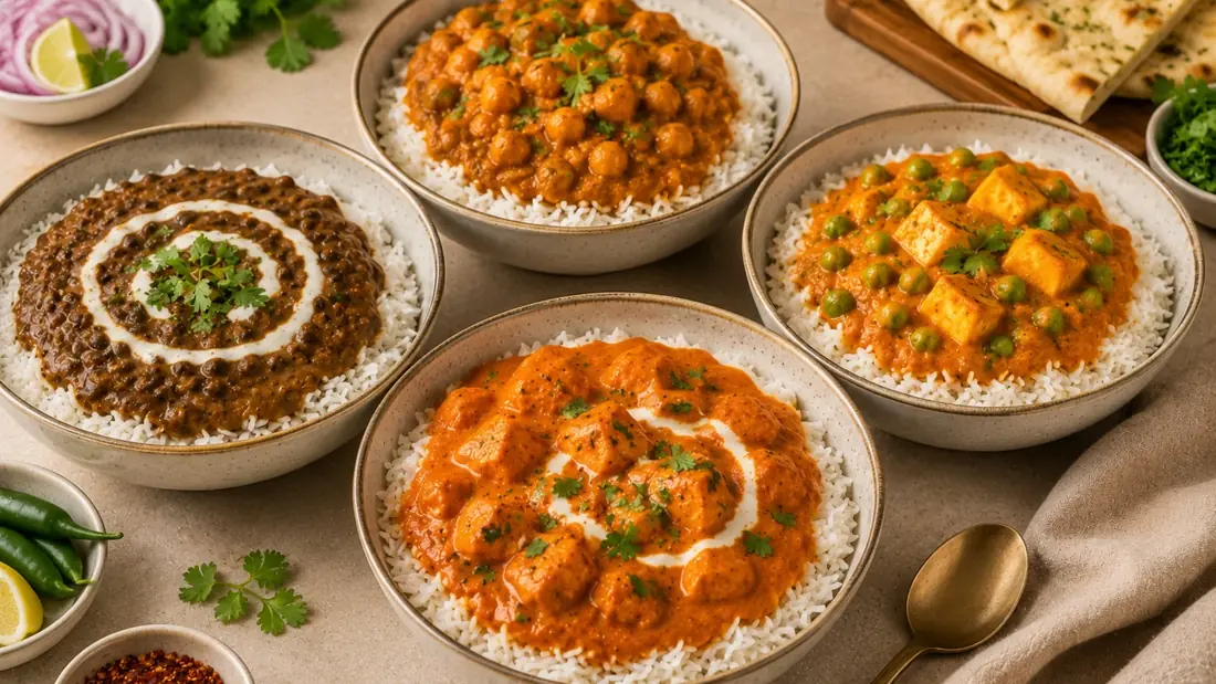 Four rice bowls topped with dal makhani, chole, matar paneer and butter chicken