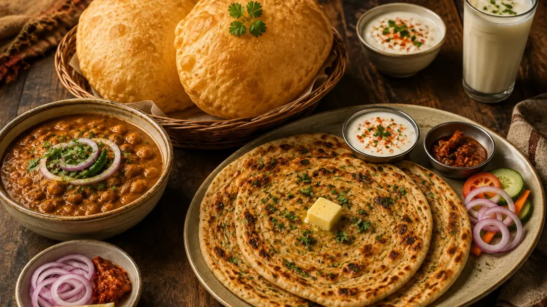 Chole, bhature, butter-topped flatbread, raita and lassi on a wooden table