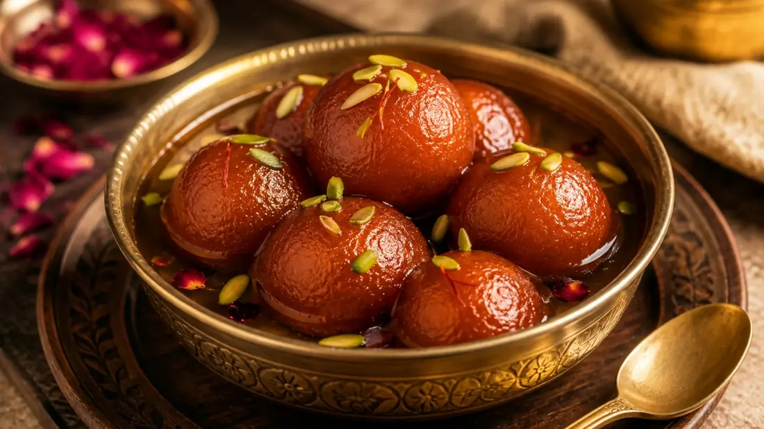 Gulab jamun with pistachio in a brass bowl