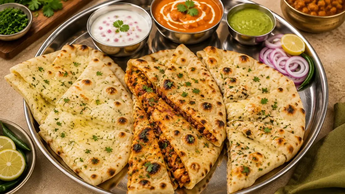 A steel plate of stuffed and garlic naan with chutneys