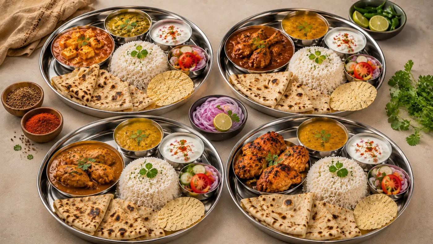 Four steel thalis with curry, dal, rice, raita, naan and papad